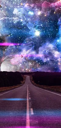 Experience a mind-blowing phone live wallpaper featuring a mesmerizing scene of a long road amidst a stunning galaxy by Whitney Sherman