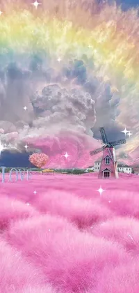 This stunning live wallpaper features a magnificent field of pink grass and a windmill in the background