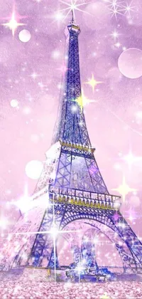 This live wallpaper showcases a pointillism painting of the Eiffel Tower covered in snow with glittery crystals on the walls