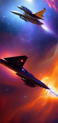 This live wallpaper for your phone showcases fighter jets soaring through the galaxy in stunning detail