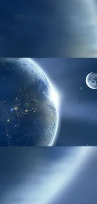 This stunning live wallpaper depicts a view of the earth and moon from outer space