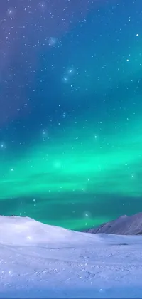 This northern lights live wallpaper captures a stunning winter scene of people standing on a snow covered slope