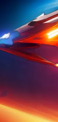 This phone live wallpaper boasts a stunning close-up of a fighter jet soaring in vibrant orange and red lighting against a beautiful space art backdrop