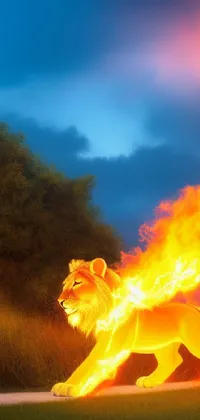 This mobile wallpaper features a striking image of a lion set ablaze in the open grasslands