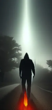 This phone live wallpaper features a dark and ominous scene of a man holding a knife while walking down a road