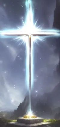 This phone live wallpaper showcases a magnificent cross towering over a green field, paired with a radiant sword and heavenly light