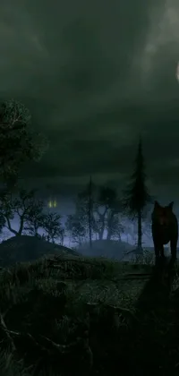 This phone live wallpaper features a breathtaking wolf atop a lush hillside under the eerie glow of the moon