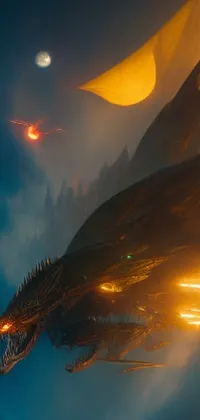 This stunning live wallpaper features a dragon in flight, against a vibrant fantasy backdrop