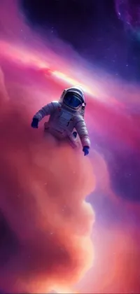This is a stunning phone live wallpaper that features a lone astronaut in a space suit, floating through space amidst a red and purple nebula