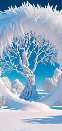 This phone live wallpaper features a serene winter scene showcasing a majestic snow-covered tree in the middle of a tranquil snowy field