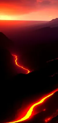 This live wallpaper features a stunning natural scene of lava flowing down a mountain at sunset