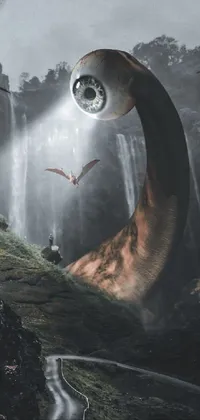 A surreal live wallpaper for your phone featuring flying birds over a lush green hillside, a giant eyeball, a resting dragon, a sneaking tentacle, and a small waterfall cascading down the side of the hill