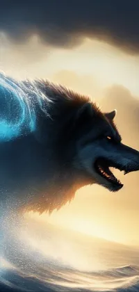 This fabulous live wallpaper for phones showcases a breathtaking scene of a wolf riding a wave in the vastness of the ocean