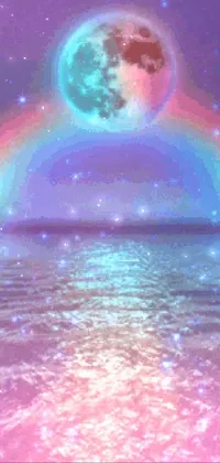 This phone live wallpaper features a stunning digital representation of a rainbow over a body of water illuminated by a full moon