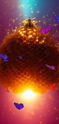 This live wallpaper for your phone features a detailed digital art image of a bee on top of a honeycomb