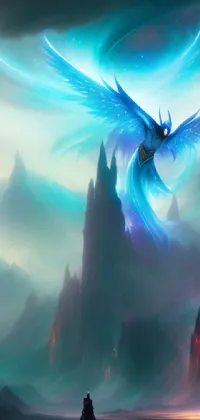This phone live wallpaper depicts a breathtaking blue bird soaring over a mountain range
