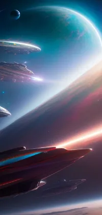 Looking for a mesmerizing wallpaper that will take your phone to another dimension? Look no further than this live wallpaper of a group of spaceships flying over a distant planet