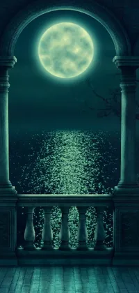 This phone live wallpaper showcases a romantic balcony bedecked with roses and a striking full moon, set amidst an ornate sea background