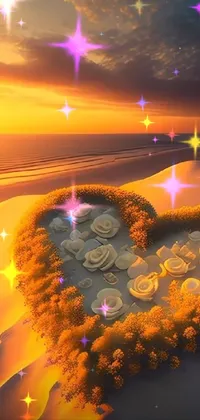 Decorate your mobile screen with this beautiful live wallpaper featuring a heart-shaped arrangement of flowers in the sand