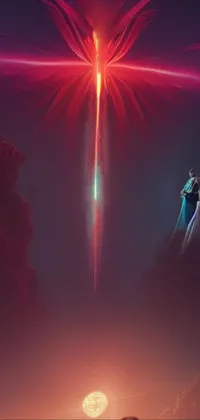 This stunning live wallpaper features a majestic, ethereal landscape with swirling clouds, mist, and a glowing sword