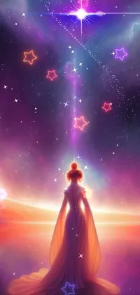 This phone live wallpaper showcases a striking fantasy illustration of a woman gazing at a starry night sky