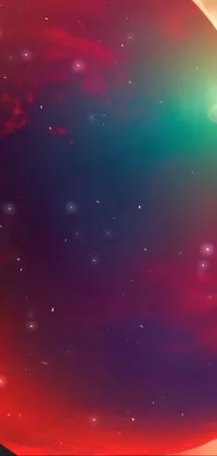 This live wallpaper features a digital abstract artwork with a close-up shot of a red object floating in front of a full moon in a gradient mixed with nebula cloud background
