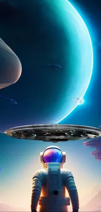 This space-themed live wallpaper features an astronaut standing in front of a futuristic spaceship, surrounded by a stunning vista of stars and galaxies