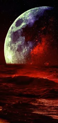 Looking for a captivating and eerie live wallpaper for your phone? Check out this stunning digital art featuring a full moon rising over the ocean