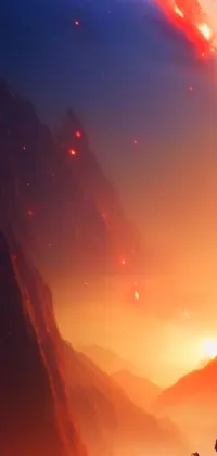 This spectacular phone live wallpaper boasts a scene of a group of people atop a mountain, surrounded by red sprites in the atmosphere