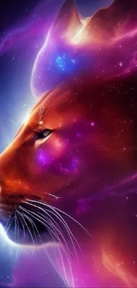 This phone live wallpaper showcases a stunning image of a close-up cat's face against a purplish space background