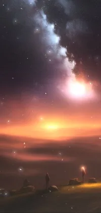 Immerse yourself in mesmerizing space art with this captivating live wallpaper featuring a couple admiring the starry sky atop a hill