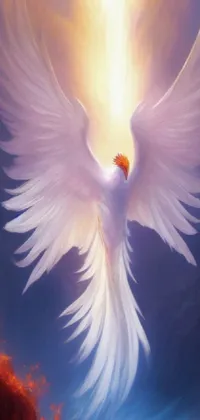 This live phone wallpaper features a stunning digital painting of a majestic white bird flying in the sky