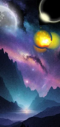 This live phone wallpaper depicts a black hole in the sky, with a large moon on the right side and galactic colors tinged in yellow and violet
