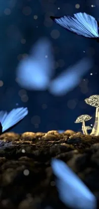 This stunning phone wallpaper features blue butterflies swirling around a giant mushroom in a forest under the moonlight
