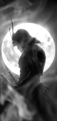 Introducing a stunning, monochrome mobile live wallpaper featuring a mysterious figure holding a baseball bat in front of a vibrant full moon