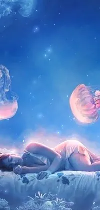This live phone wallpaper features a relaxing scene with a woman lying on a tranquil bed surrounded by vibrant jellyfish floating in space