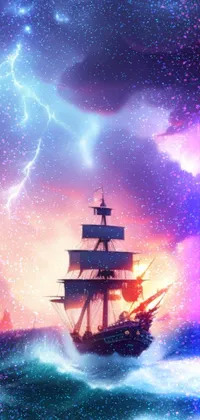 This captivating phone live wallpaper showcases a majestic ship navigating through a vast open sea, while being surrounded by intense stormy weather and flashes of lightning