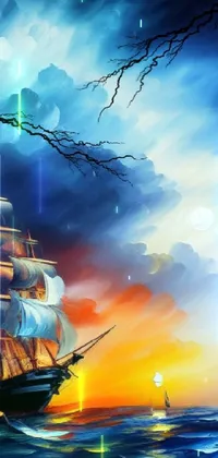 This live wallpaper depicts a sailing ship in the ocean surrounded by colorful waves