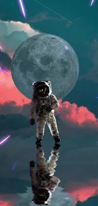 This phone live wallpaper features a realistic astronaut standing in front of a detailed full moon