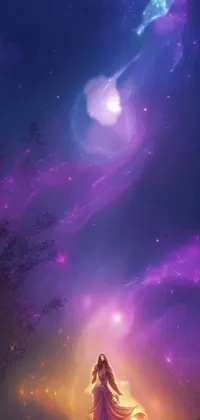 This stunning phone live wallpaper features a woman standing amongst the grass, gazing up at the vibrant purple nebula above her