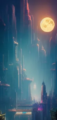 This phone live wallpaper transports you to an entrancing futuristic city at night with an engaging full moon in the sky