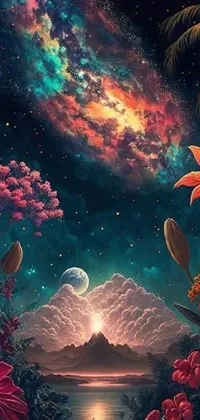 This live wallpaper for phones showcases a vibrant painting of flowers amidst a stunning galaxy backdrop
