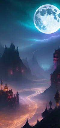 This phone live wallpaper features a majestic castle at night, illuminated by a full moon in the sky