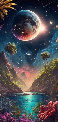 Get lost in a trippy and psychedelic tropical landscape at night with our 8k highly detailed live wallpaper for your phone
