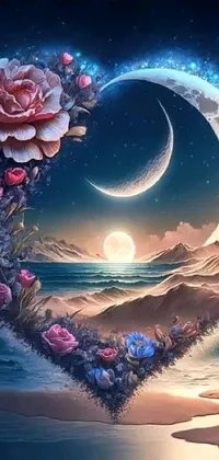 This is a charming and enchanting phone wallpaper that captures the beauty of a moon and flowers surrounded by a magical ocean