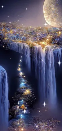 This live wallpaper depicts a breathtaking waterfall amid a lush scenery, illuminated by the soft glow of a full moon in the background