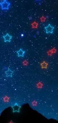 This live wallpaper showcases a stunning digital art style, featuring a night sky filled with twinkling stars and vibrant red and blue neon elements