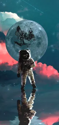 This stunning phone live wallpaper showcases an astronaut floating in water with a full moon in the background