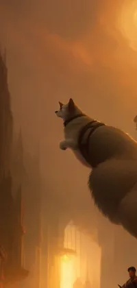 This phone live wallpaper showcases a furry, brown and white husky flying over a city during sunset