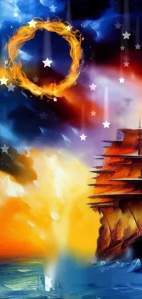 This phone live wallpaper features a stunning painting of a ship sailing the ocean against a surreal, orange sky backdrop